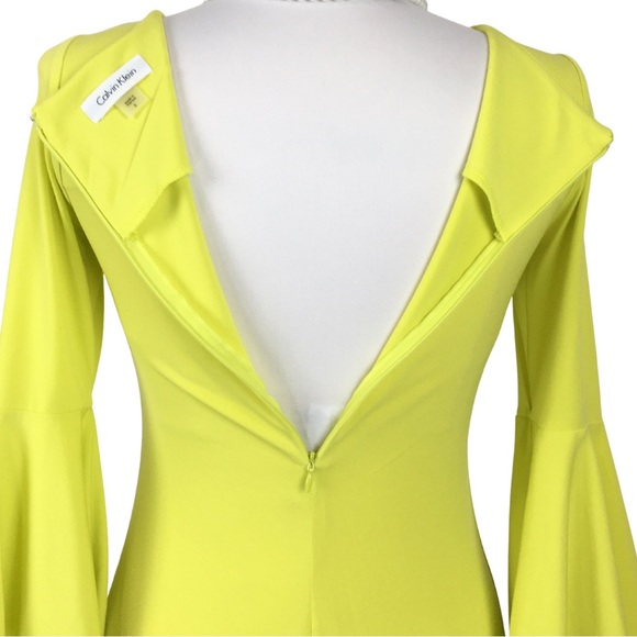 Calvin Klein Yellow Sheath Peplum Bell 3/4 Sleeve Midi Dress size 2 - Picture 9 of 11